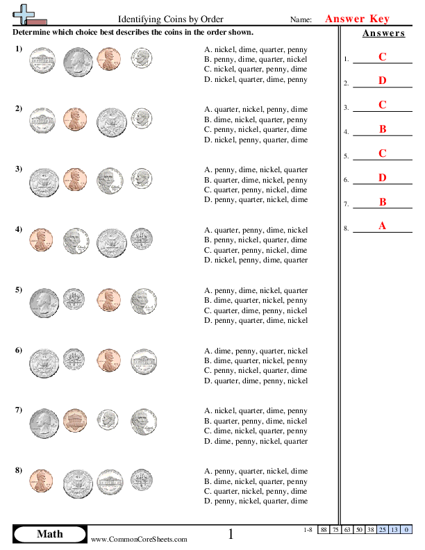  - Identifying Coins by Order worksheet